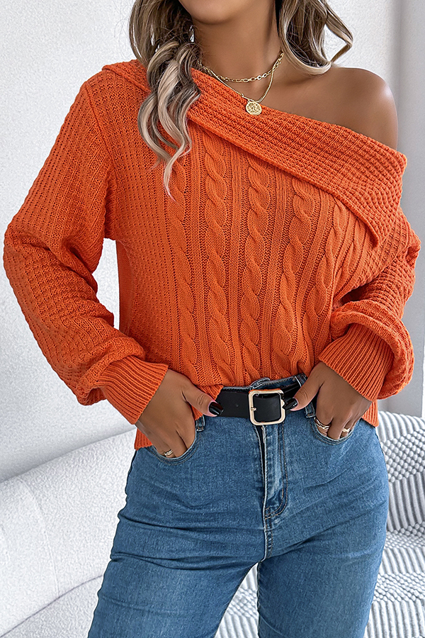 Solid Color Casual One Shoulder Long Sleeve Knitted Sweater-consonak