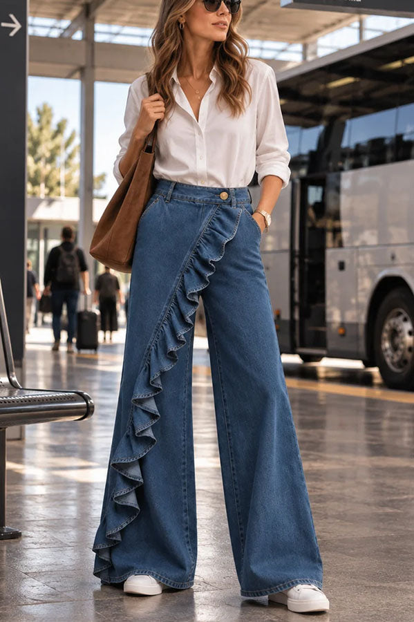 Uniquely Designed Denim Mid Rise Irregular Ruffles Pocket Wide Leg Jeans-Consonak