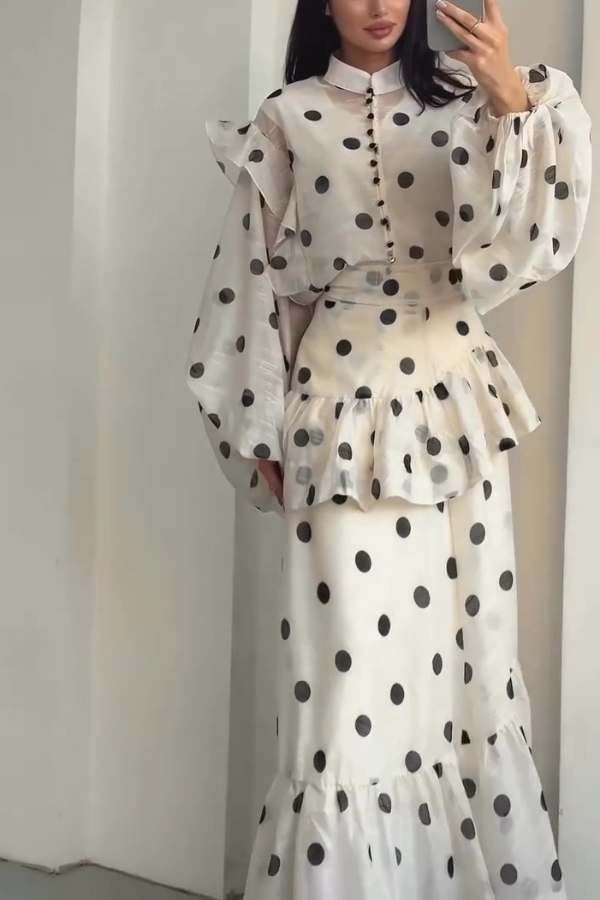 Stylish Polka Dot Print Stand Collar Long Sleeve Elegant Ruffle Maxi Dress | Consonak