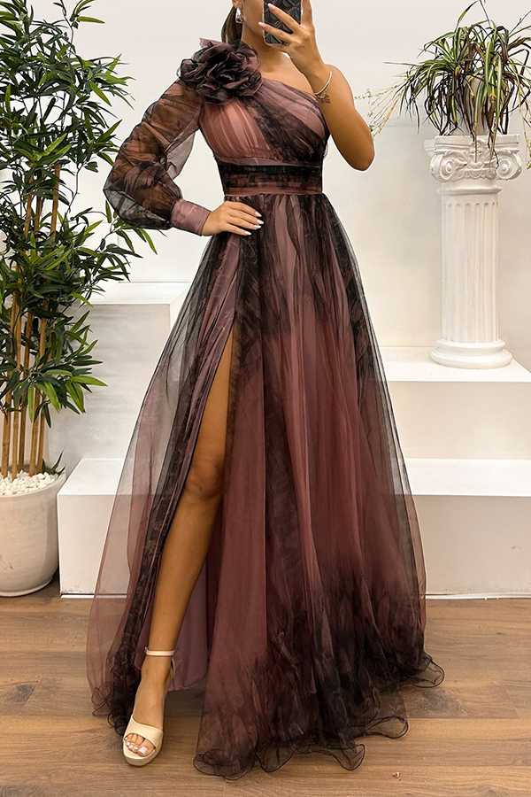 Guest List Tulle Printed Flower Pendant One Shoulder Pleated Slit Maxi Dress-consonak