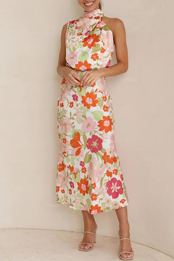 Fascinating Day Floral Halter Neck Elastic Waist Maxi Dress-consonak