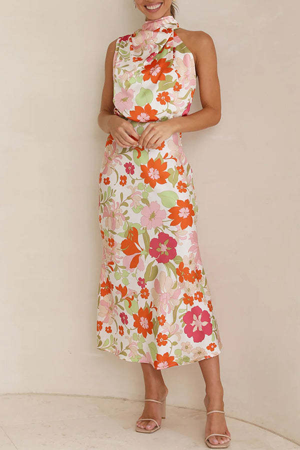 Fascinating Day Floral Halter Neck Elastic Waist Maxi Dress-consonak