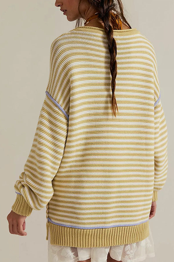 Striped Knit Loose-fitting Crew Neck Long-sleeved Casual Sweater-consonak