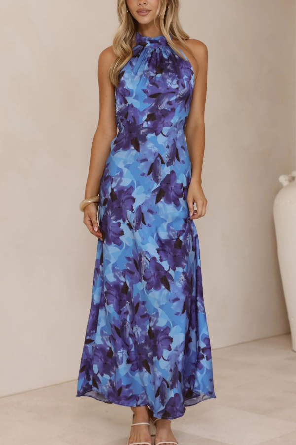 Floral Print Sleeveless Halter Neck Tie Holiday Maxi Dress-consonak