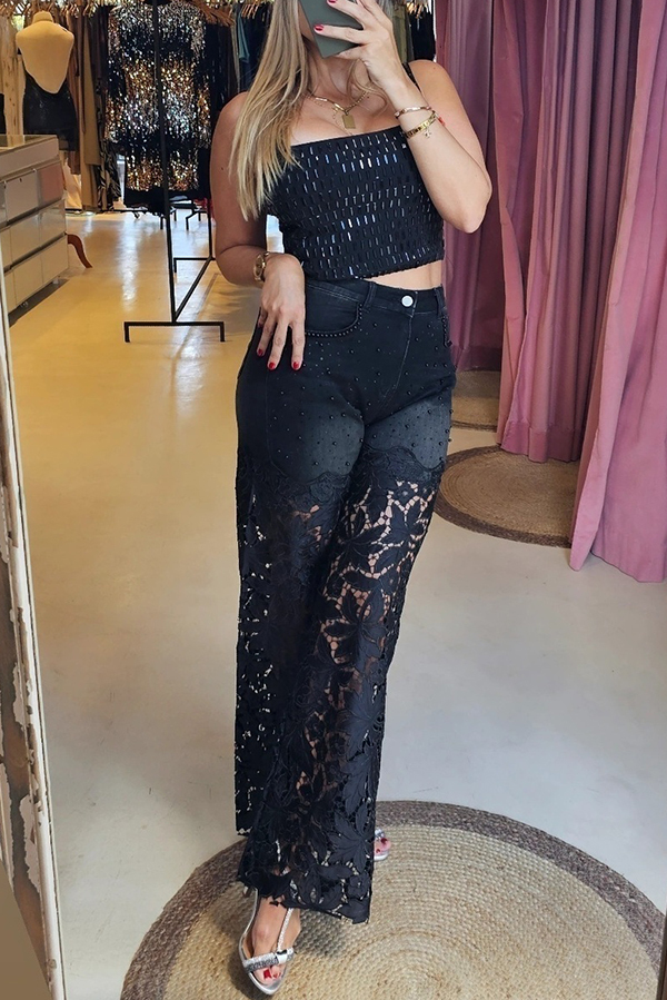 Fashionable Openwork Lace Patchwork Wide-leg Jeans-consonak