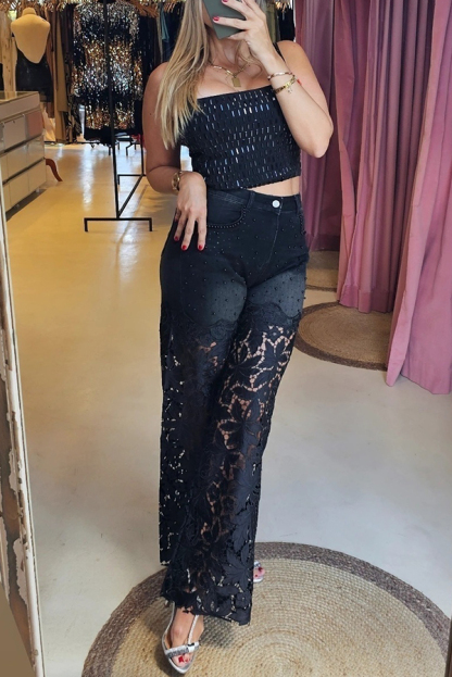 Fashionable Openwork Lace Patchwork Wide-leg Jeans-consonak