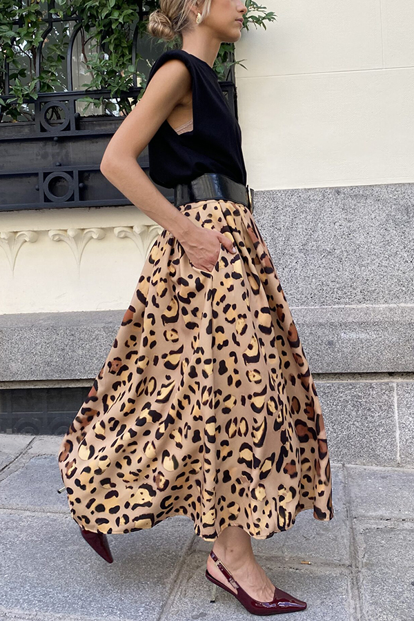 Stylish Leopard Print Elegant Large Hem Maxi Skirt-consonak