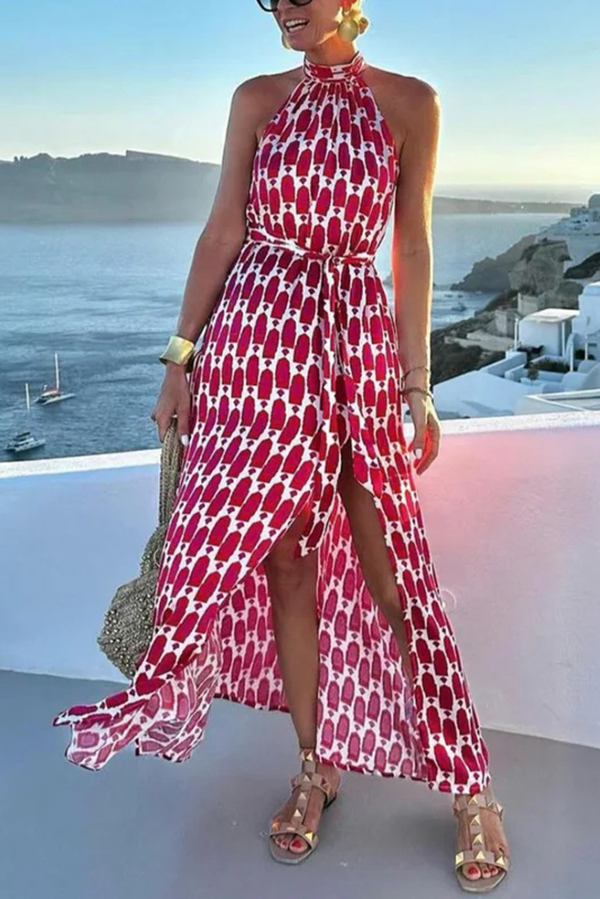 Unique Printed Sleeveless Halterneck Tie-waist Slit Maxi Dress-consonak
