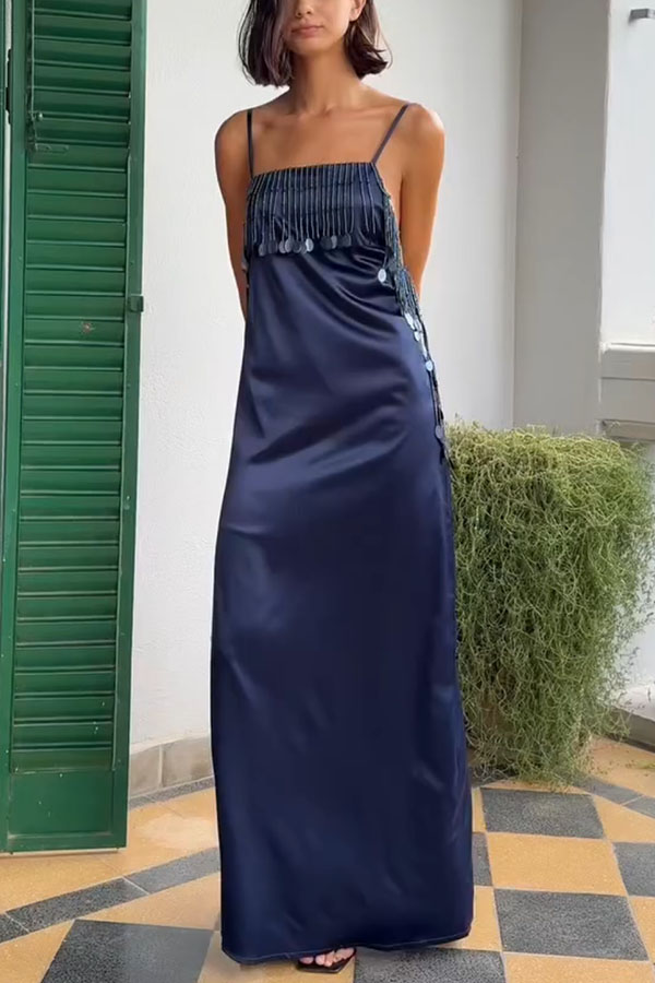 The Great Gatsby Satin Beaded Sequin Trim Open Back Slip Maxi Dress