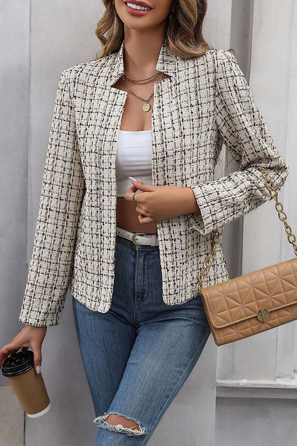 Ask You Out Tweed Plaid Long Sleeve Open Front Blazer-consonak