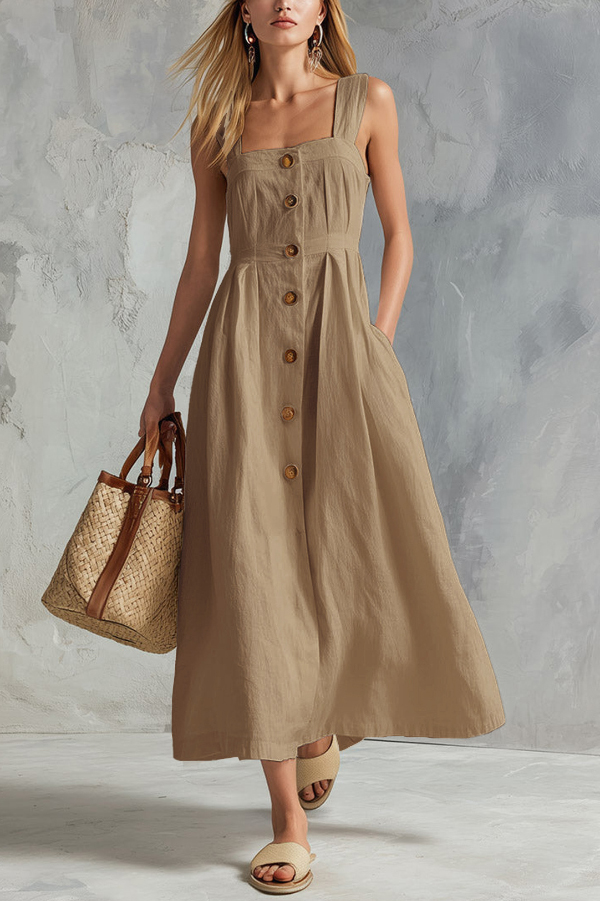 Linen Blend Solid Color Square Neck Sleeveless Button Casual Maxi Dress | Consonak