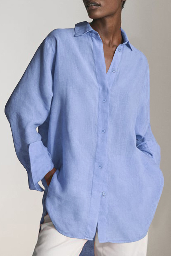 Reality Calling Linen Blend Solid Button Long Sleeve Loose Blouse-consonak