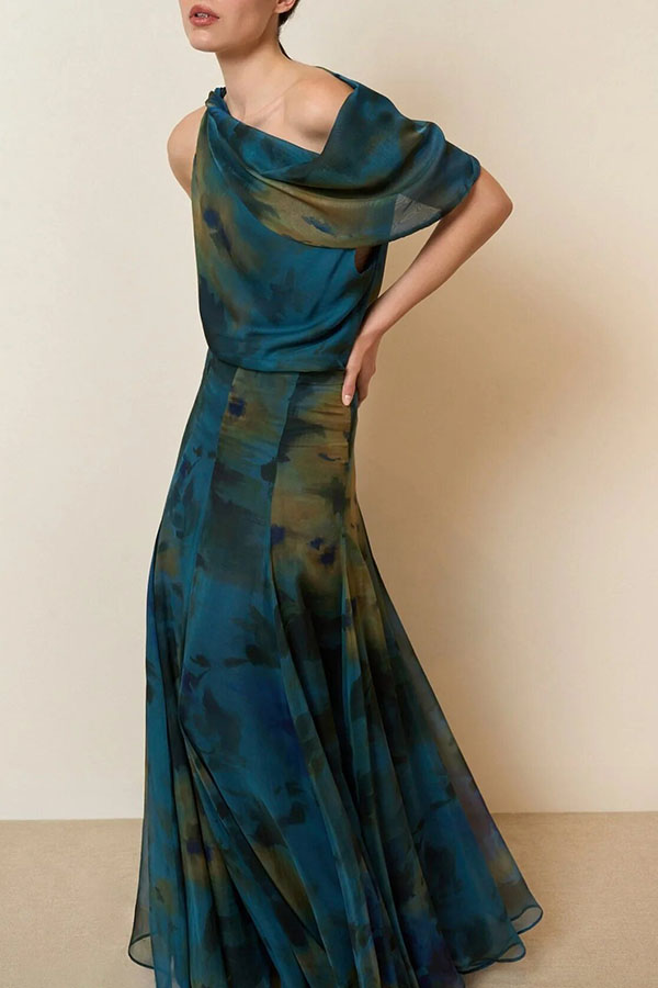 Ione Chiffon Ombré Print Cowl Neck Top and High Rise Maxi Skirt Set with Scarf | Consonak