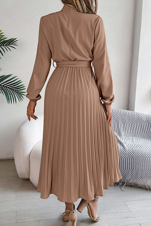Elegant Stand-collar Long-sleeve Waisted Tie-up Pleated Midi Dress-consonak