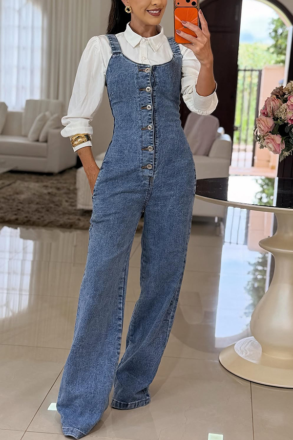 Heidi Denim Square Neck Button Back Smocked Pocket Flare Stretch Jumpsuit | Consonak