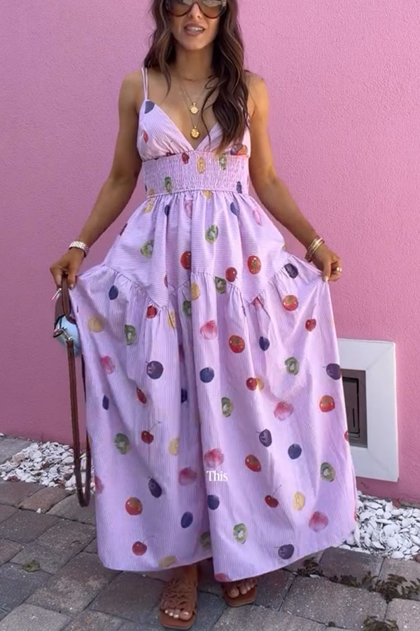 Lovely Summer Unique Color-Block Fruit Stripe Print Smocked Waist Maxi Dress