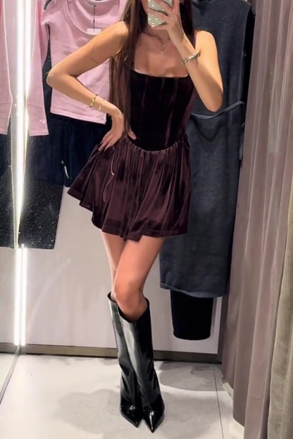 Solid Velvet Square Neck Slim Fit Mini Dress-consonak