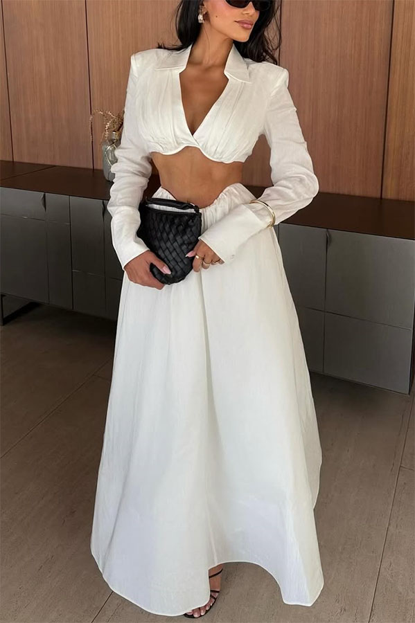 Greta Linen Blend Bra-style Gathered Long Sleeve Crop Shirt and Mid Rise Pocket Umbrella Skirt Set