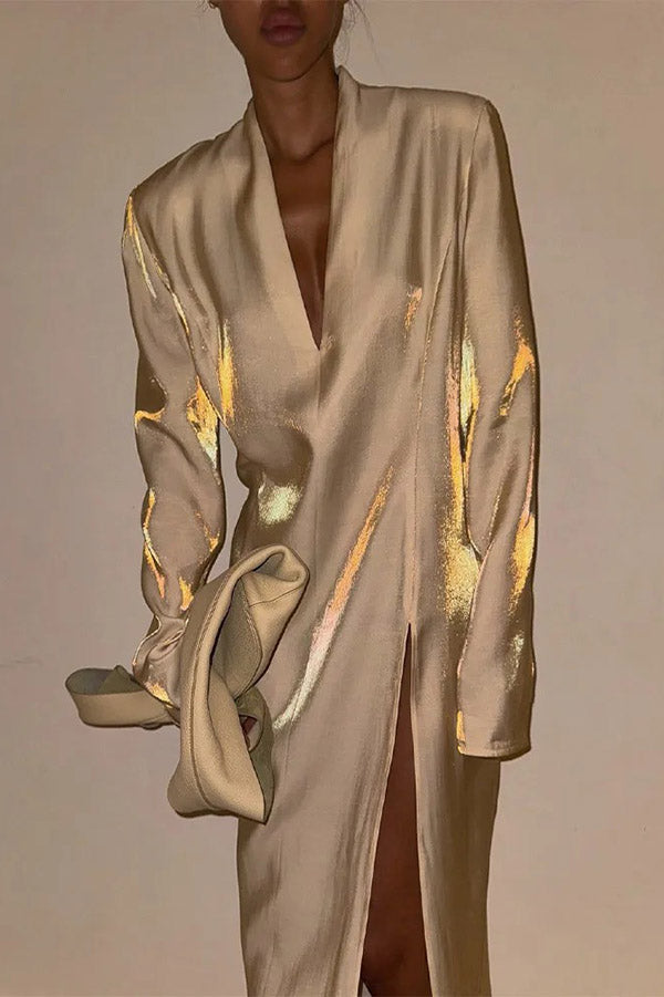 Solid Color Glossy V-neck Long Sleeve Casual Slit Maxi Dress | Consonak