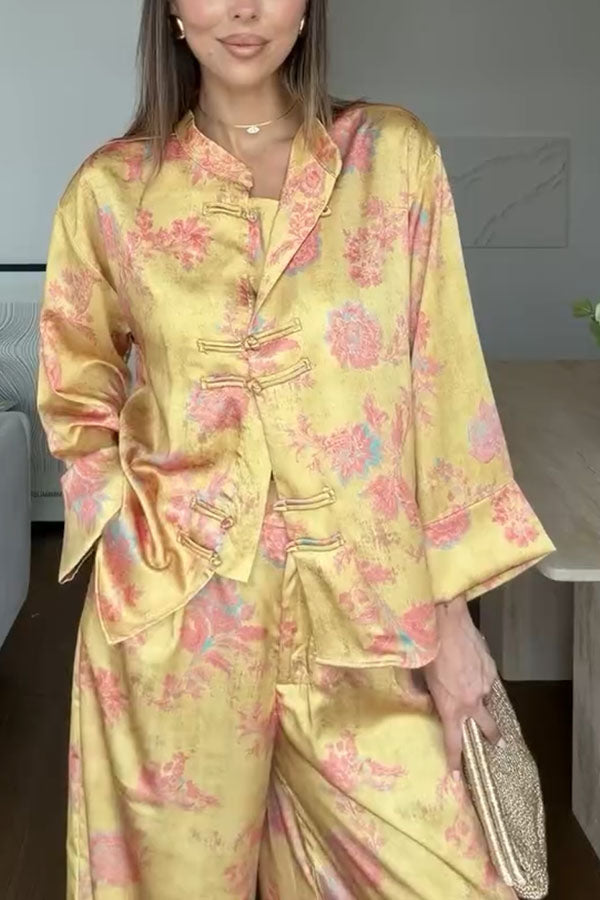 Floral Print Satin Knotted Button Long Sleeve Shirt and Elastic Waist Pocket Wide Leg Pants Set-Consonak