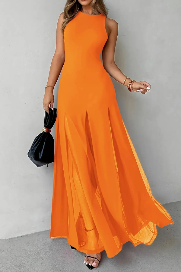 Solid Color Round Neck Sleeveless Slim Fit Sheer Patchwork Hem Maxi Dress | Consonak