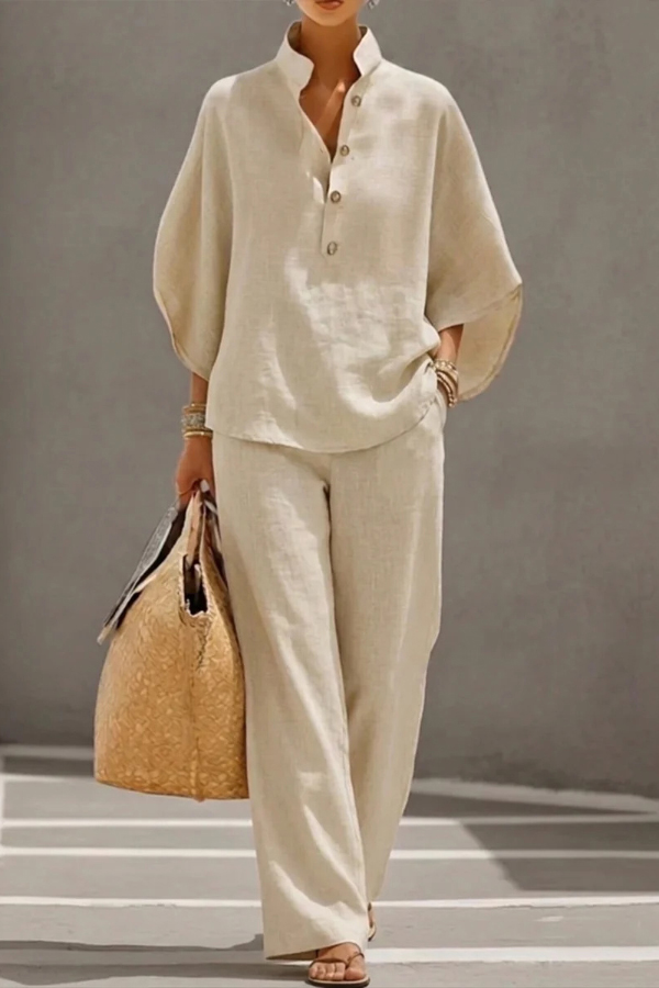Linen Blend Solid Color Button-down Loose Top and Elastic Waist Pocket Casual Pants Set | Consonak