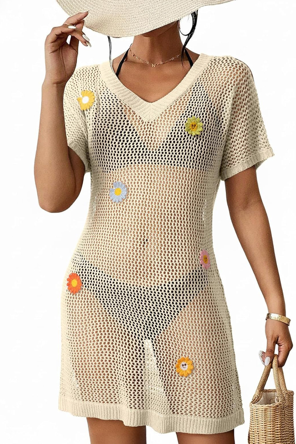 Floral-decorated V-neck Short-sleeved Crochet Cover-up Vacation Mini Dress-consonak
