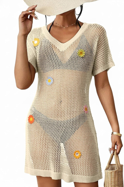 Floral-decorated V-neck Short-sleeved Crochet Cover-up Vacation Mini Dress-consonak