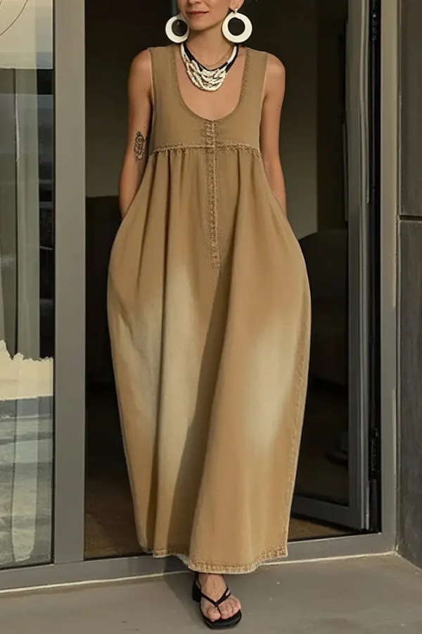 Stylish Sleeveless Loose-fitting Pocket Casual Denim Maxi Dress | Consonak