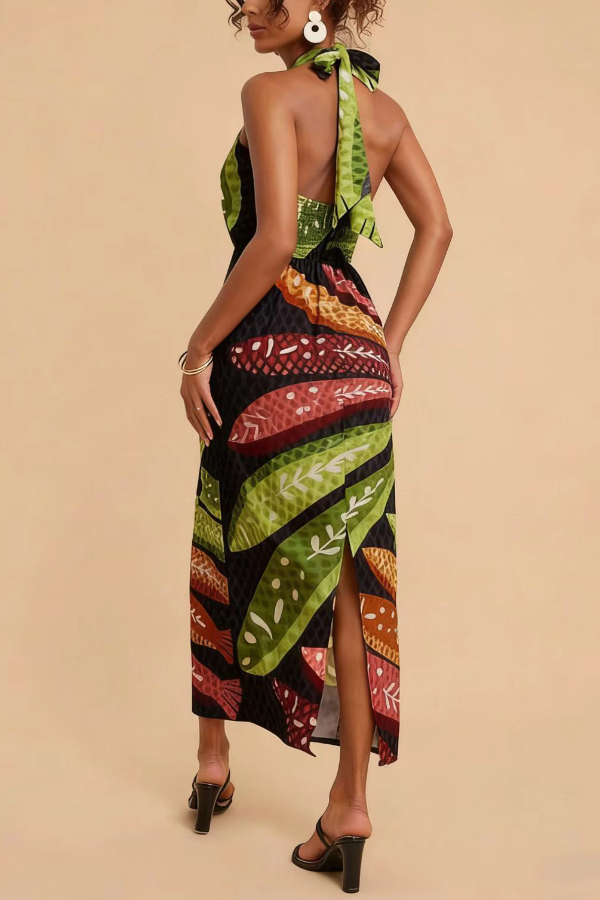 Multi-colored Fish Print Halter Neck Backless Printed Fitted Vacation Maxi Dress