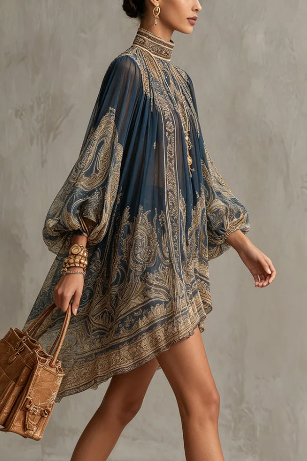 Baroque Print High-neck Irregular Chiffon Mini Dress-Consonak