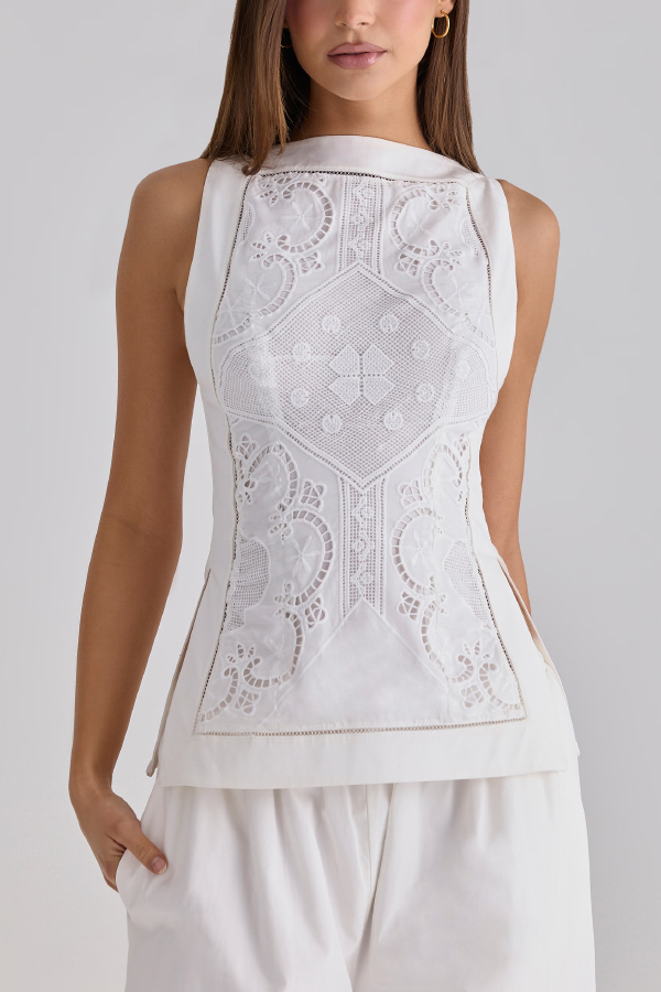 Exquisite and Beautiful Cutout Lace Embroidery Design Boat Neck Sleeveless Slit Top