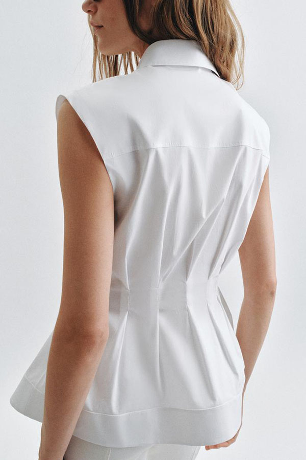 Devon Lapel Button Up Sleeveless Pleated Waist Flare Hem Shirt | Consonak