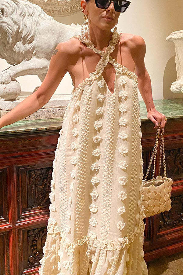 Sweet By The Sea Flower Decor Halter Party Maxi Dress-consonak