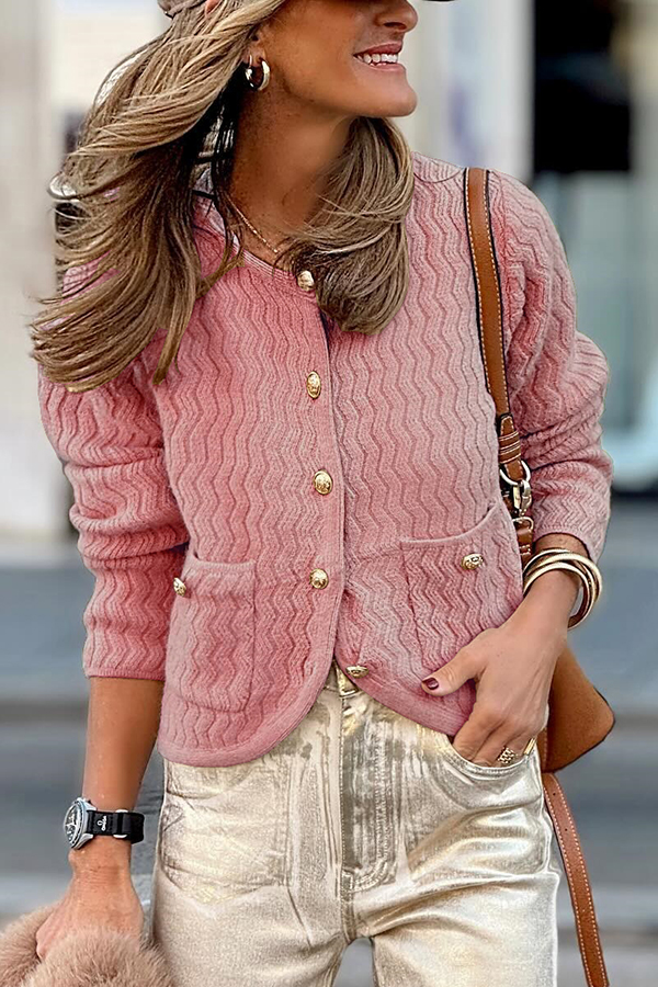 Solid Color V-neck Long-sleeved Loose Pocket Knit Cardigan-consonak