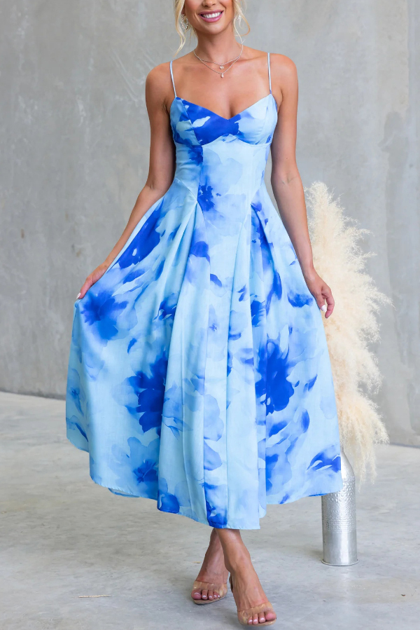 Floral Print Spaghetti Strap Backless Holiday Maxi Dress-consonak