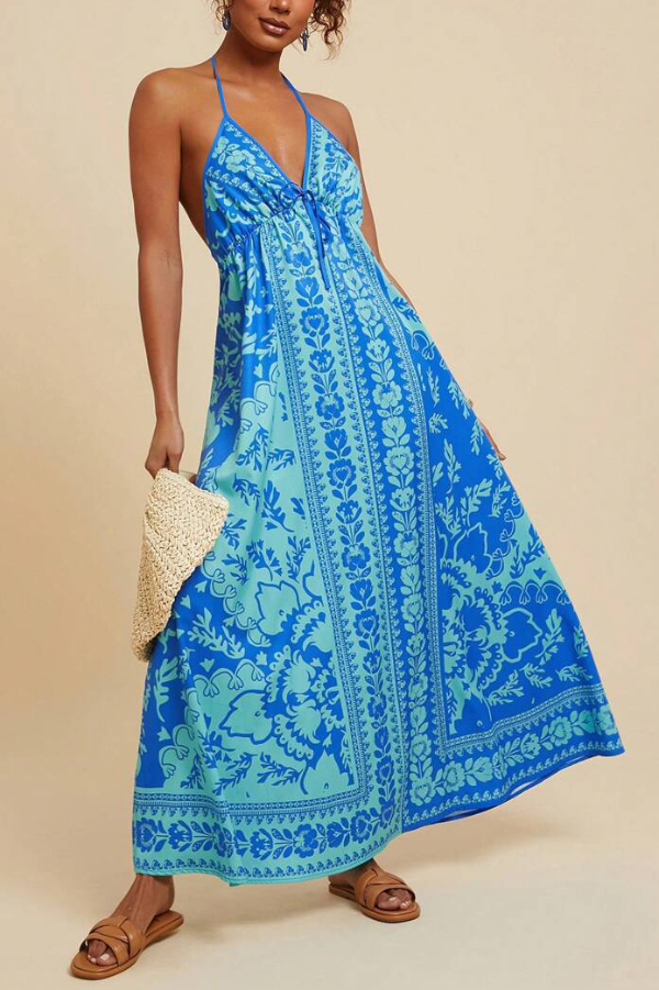 Unique Printed V-neck Backless Casual Vacation Maxi Dress