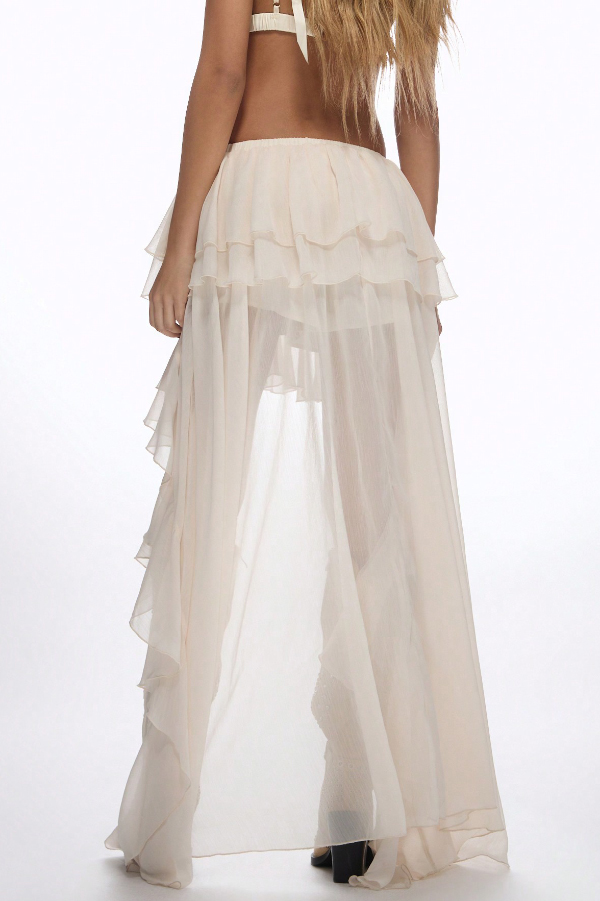 Solid Color Casual Elastic Waist Irregular Ruffle Holiday Skirt-consonak