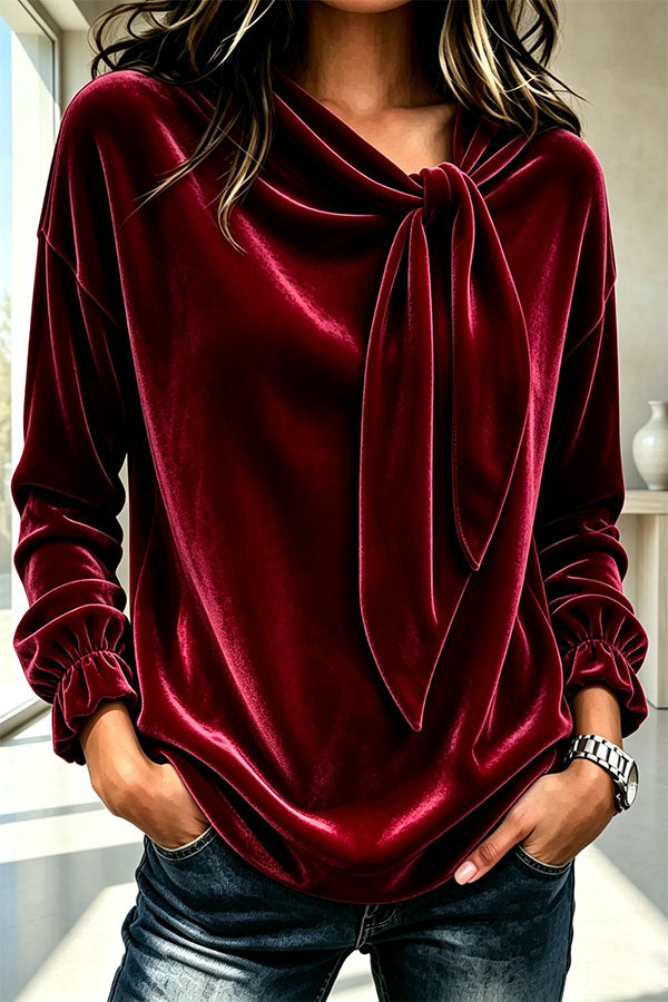 Celeste Velvet Flowing Blouse with Bow Detail-Consonak