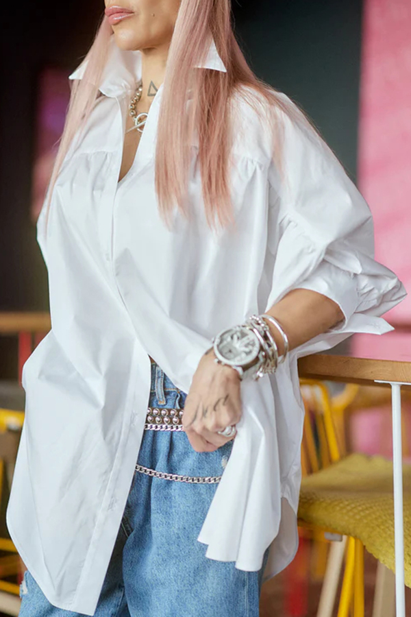 Easy and Modern Button Up Sculptural Sleeve Slit Oversized Midi Blouse