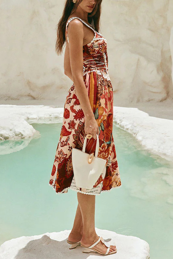 Unique Printed Floral Trim Suspender Side Tie Vacation Midi Dress