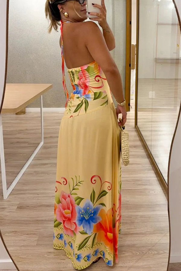 Lennora Floral Print Back Smocked Halter Tie-up Maxi Dress
