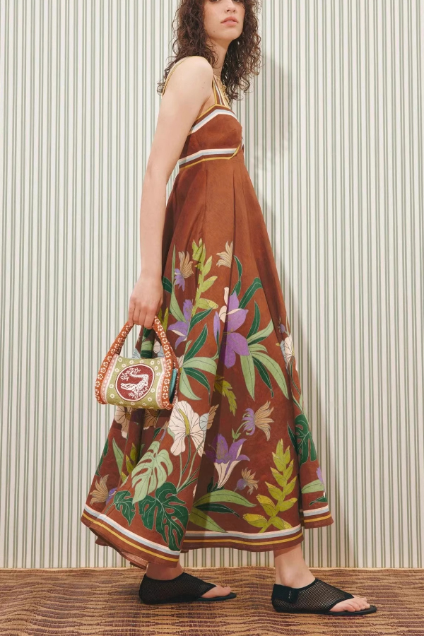 Brown Floral Linen Midi Dress | Consonak