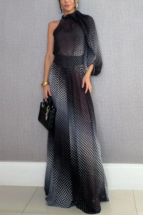 Gradient Polka Dot Print High-Neck Asymmetrical Balloon Sleeve Top and High Rise Wide Leg Pants Set