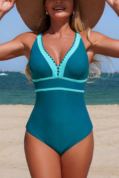 Stylish Color-blocked V-neck Stretch One-piece Swimsuit-consonak