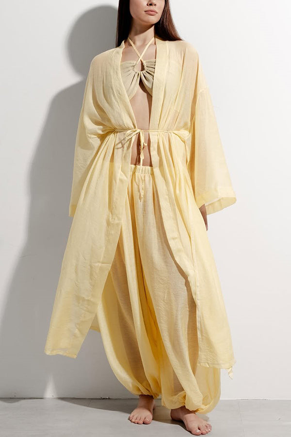 Flowy Linen Blend Halter Tank & Elastic Waist Tie-up Wide Leg Pants & Kimono Cover-Ups 3pieces Set