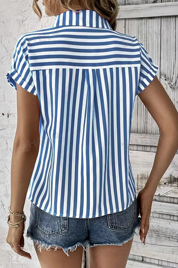 Striped Print Short Sleeve Pocket Shirt Top-consonak