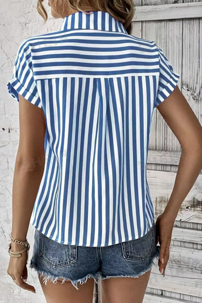 Striped Print Short Sleeve Pocket Shirt Top-consonak
