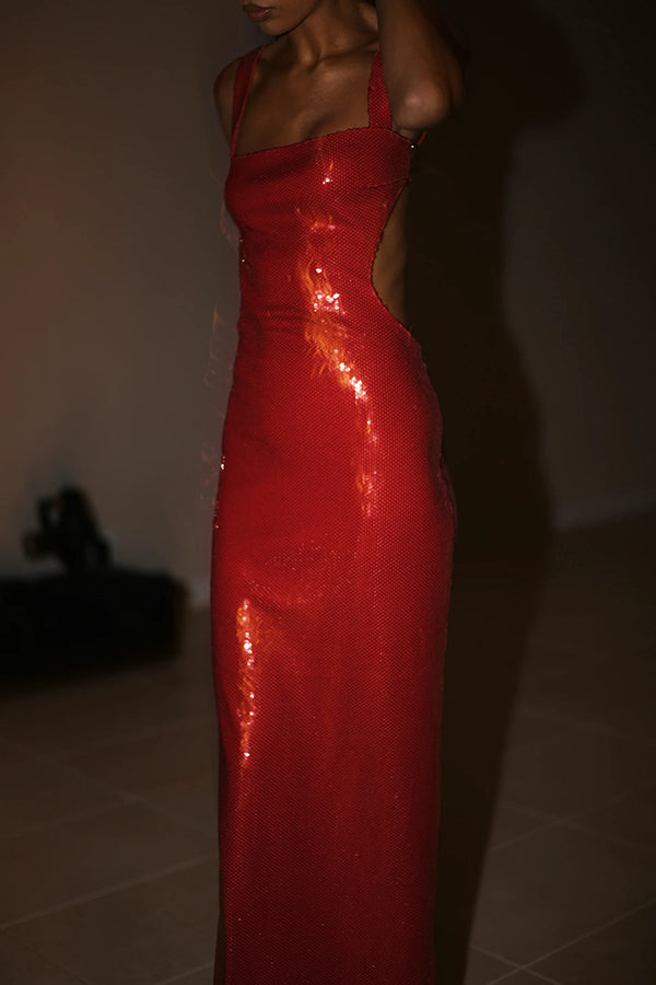 Eye Catching Sequin Cutout Waist Wide Strap Bacakless Maxi Dress | Consonak