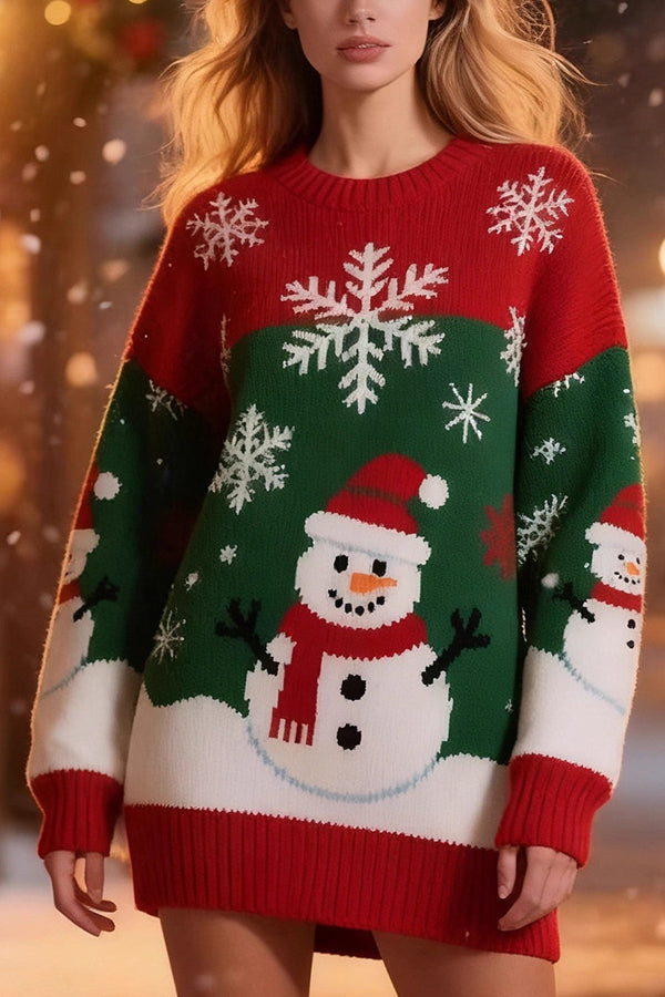 Christmas Snowman Pattern Loose Round Neck Long-sleeved Knit Sweater-consonak